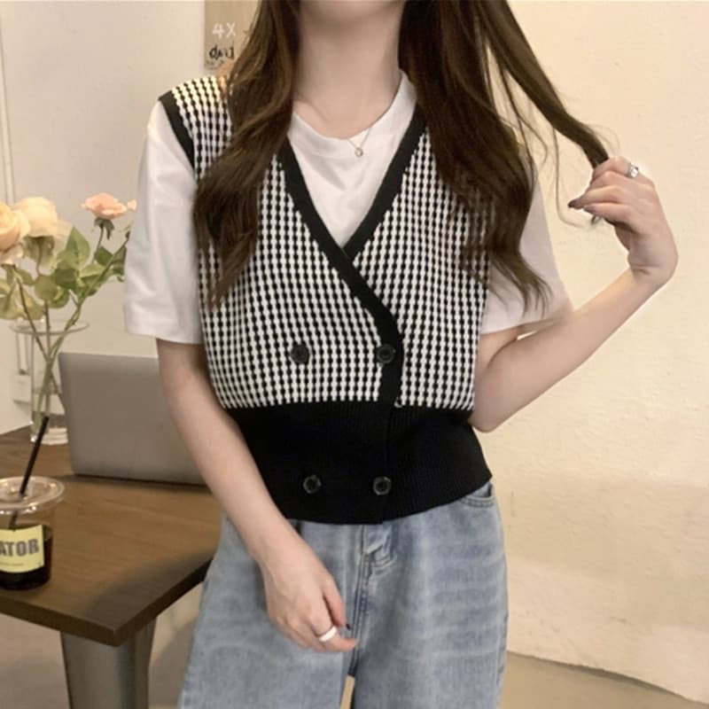 New Checker Board Plaid Sweater Vest For Women Vintage Print Knitted Mini Vest Casual Streetwear Harajuku Clothing Autumn Top