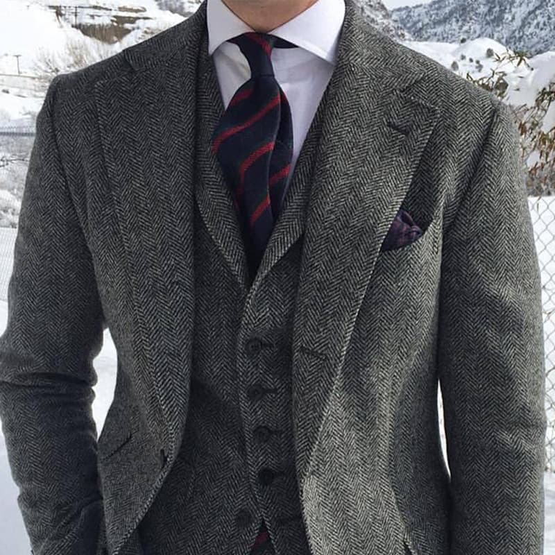 New Gray Wool Tweed Winter Men Suit For Wedding Formal Groom Tuxedo Herringbone Male Fashion 3 Piece (Jacket +Vest +Pants+Tie)