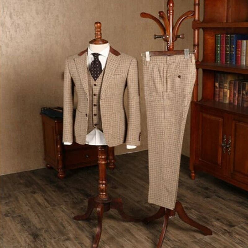 New Men Brown Classic Plaid Tweed Suit For Men Slim fit Groom Wedding Tuxedo Blazer Male Formal Business Jacket Vest Pants 3 Piece