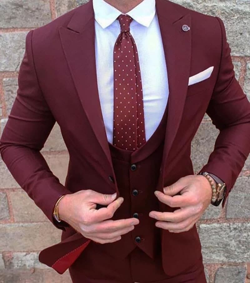 New Men Burgundy Red Tuxedo Three Piece Wedding Suit Best Men Official Business West Slim Suit (jacket + pants + vest) Costume Homme