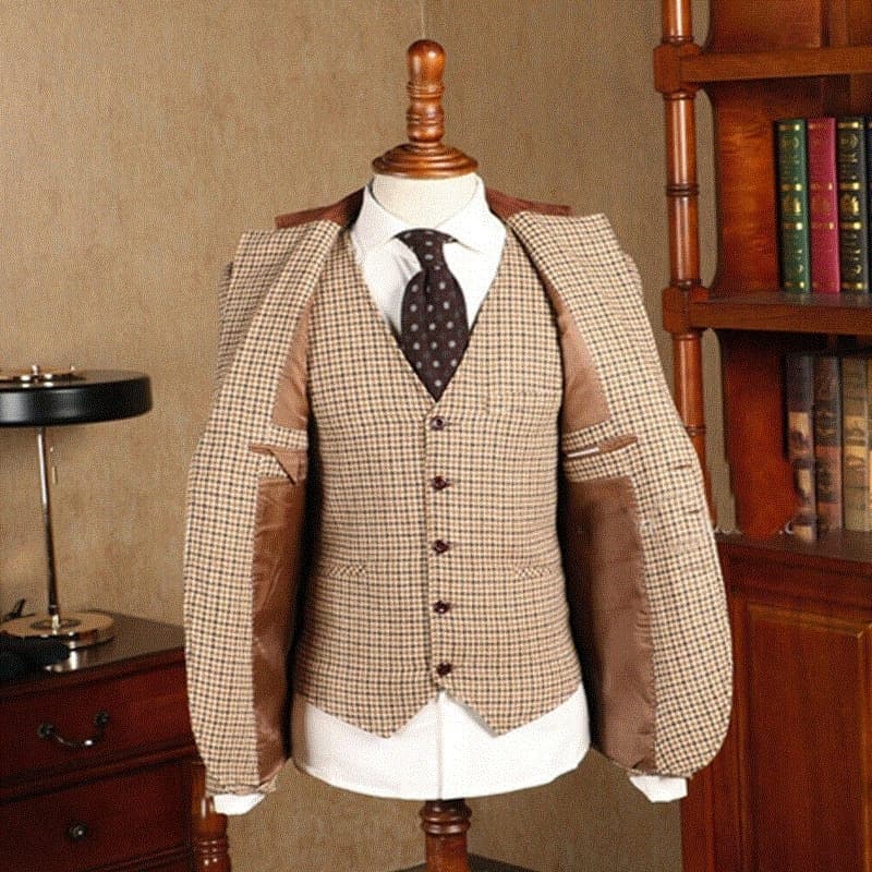 New Men Brown Classic Plaid Tweed Suit For Men Slim fit Groom Wedding Tuxedo Blazer Male Formal Business Jacket Vest Pants 3 Piece