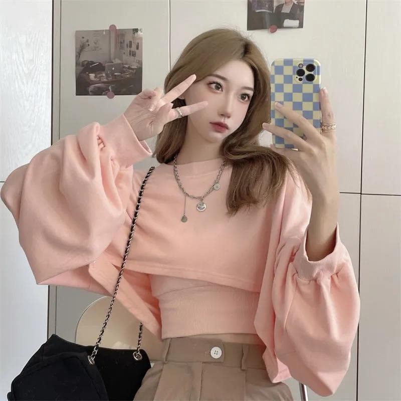 New Autumn Two Piece Suit Hoodies Women Korean Loose Bat Sleeve Tops Fashion Popular Crop Sweatshirts+Camis Female