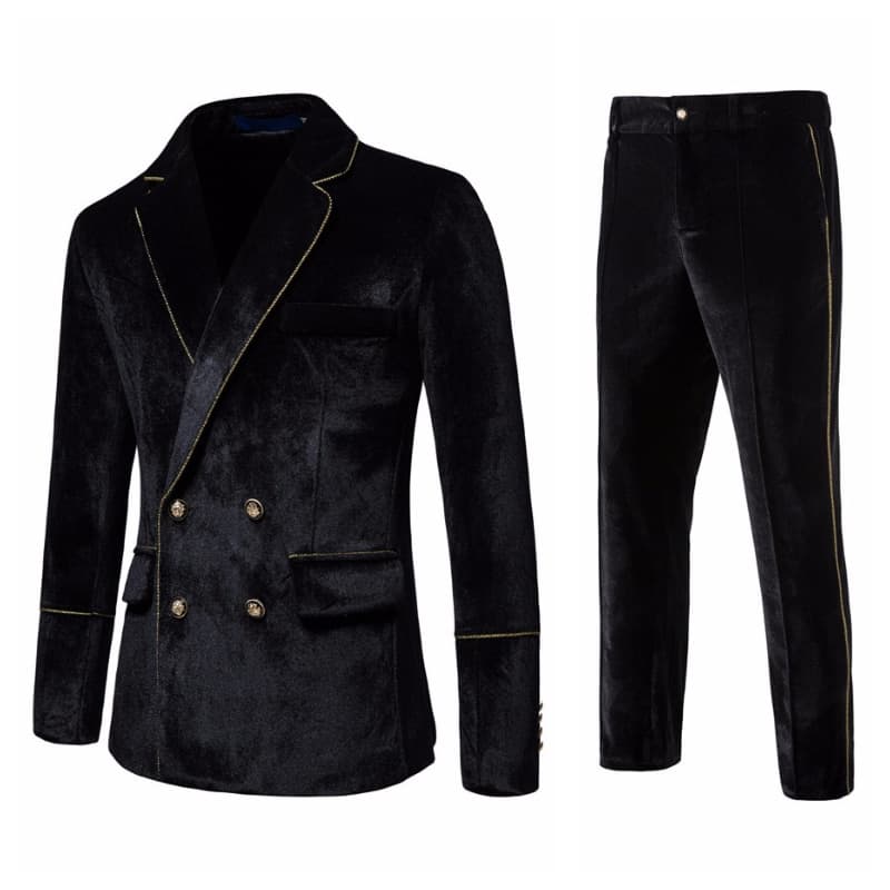 New Luxury Velvet Inlaid With Gold Edge Men Suits Double Breasted Men Sets Evening Dress Jacket and Pants Wedding Men Clothing