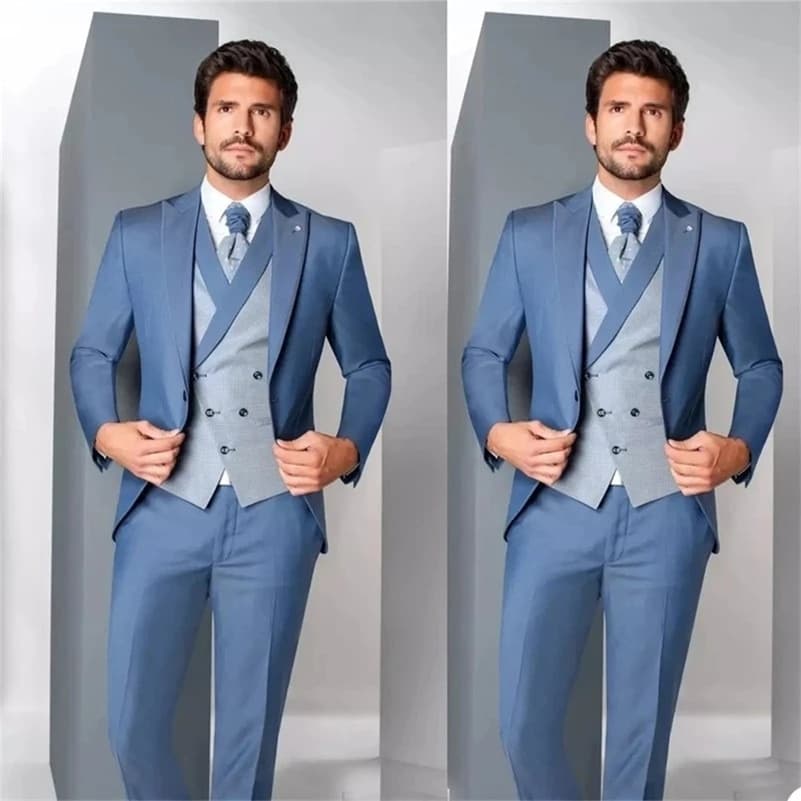 New Wedding Prom Blazer Vest Pants 3 Piece Peak Lapel Costume Homme Grooms Wedding Tuxedos Terno Masculino Slim Fit Men Suit