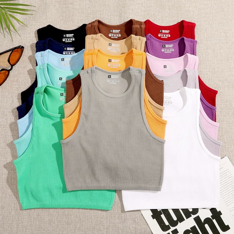 New Crop Top Women Solid Basic T shirts Vest Seamless Streetwear Elastic Rib-Knit Sleeveless Casual Tank Tops Female
