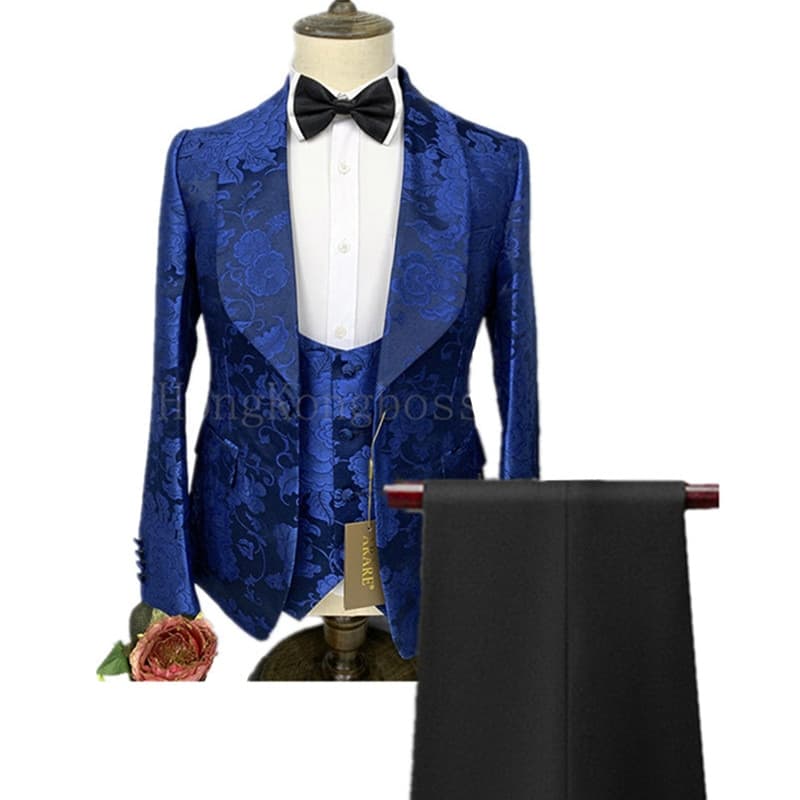 New Men Suit Set Blazers Jacket Pants Vest Fashion Men Bronzing Pattern Big Collar Dress Blazers Coat Trousers Waistcoat
