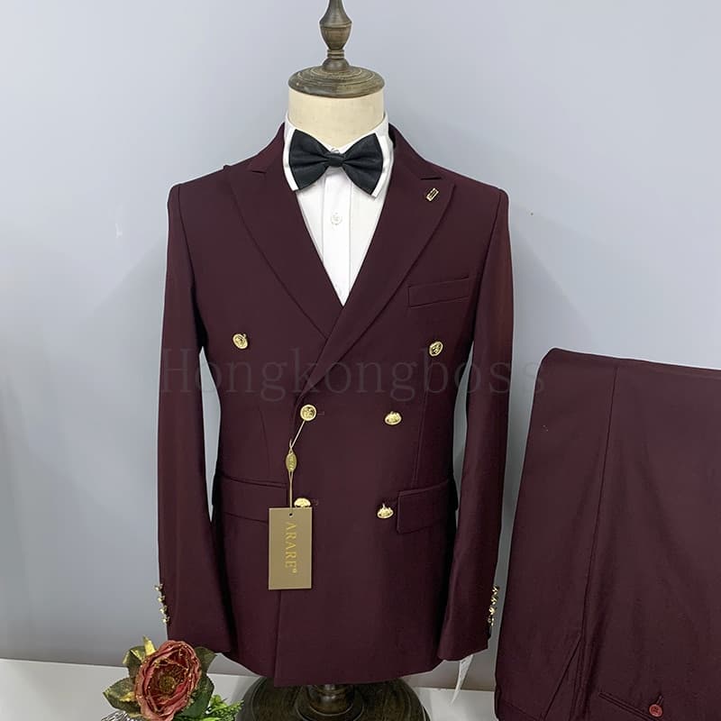 New Men Casual Boutique Business Slim Solid Color Double Breasted Formal Suit 2 Pcs Set Dress Blazers Jacket Pants Trousers