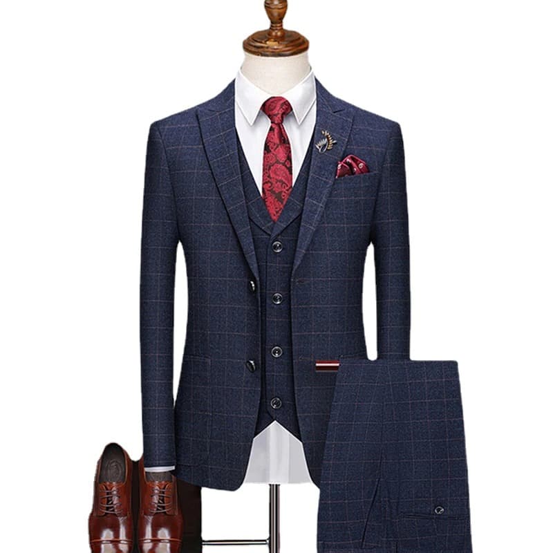 New Men Blazer and Vest and Pants Boutique Fashion Plaid Retro Business Mens Suit Groom Wedding Show Party Show Prom Brand
