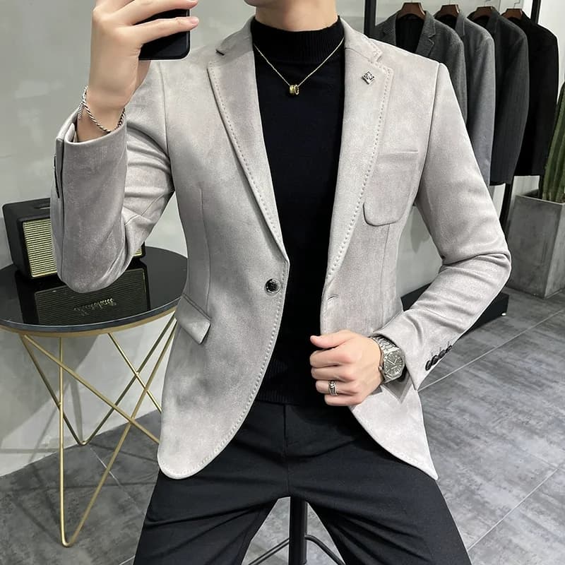 Men Deerskin Fleece Jacket Suit Coat Blazer Business Leisure Slim Fit Single Button Suit Coat