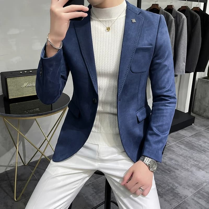 Men Deerskin Fleece Jacket Suit Coat Blazer Business Leisure Slim Fit Single Button Suit Coat