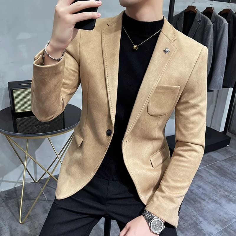 Men Deerskin Fleece Jacket Suit Coat Blazer Business Leisure Slim Fit Single Button Suit Coat