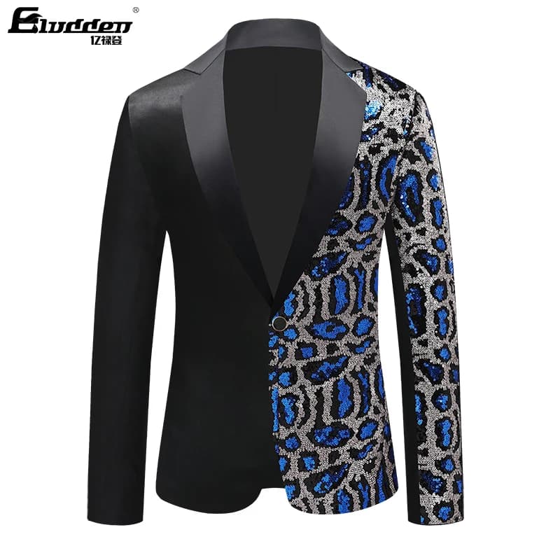 New Single Breasted Leopard Sequins Stage Jacket Men Party Hip Hop Suit Fashion Blazer