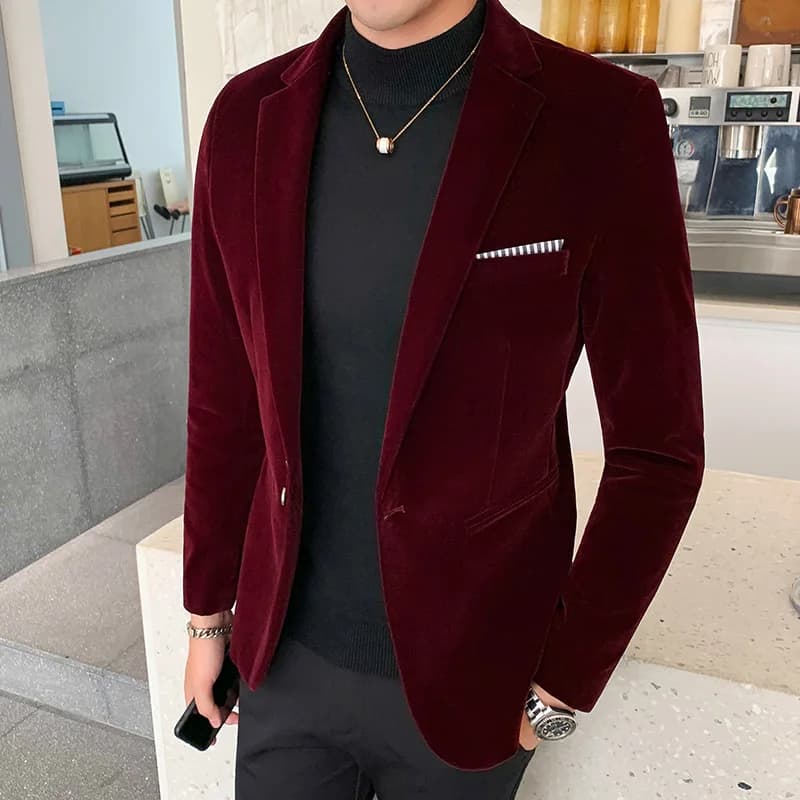 Men Wedding Groom Singer Costume Slim Blazer Formal Wear Dress Burgundy Velvet Blazers