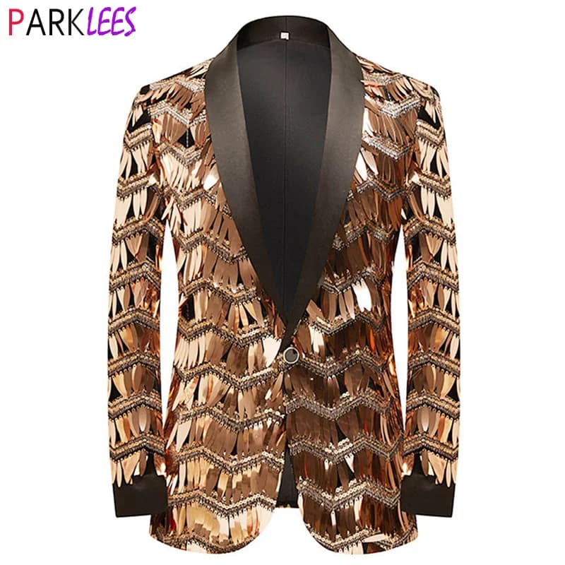 Men Luxury Wave Striped Gold Sequin Blazer