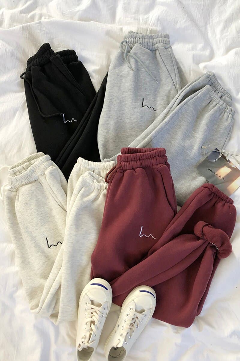 Winter Women Harem Pants Stripes Embroidery Gray Black Fleece Pants Bottom