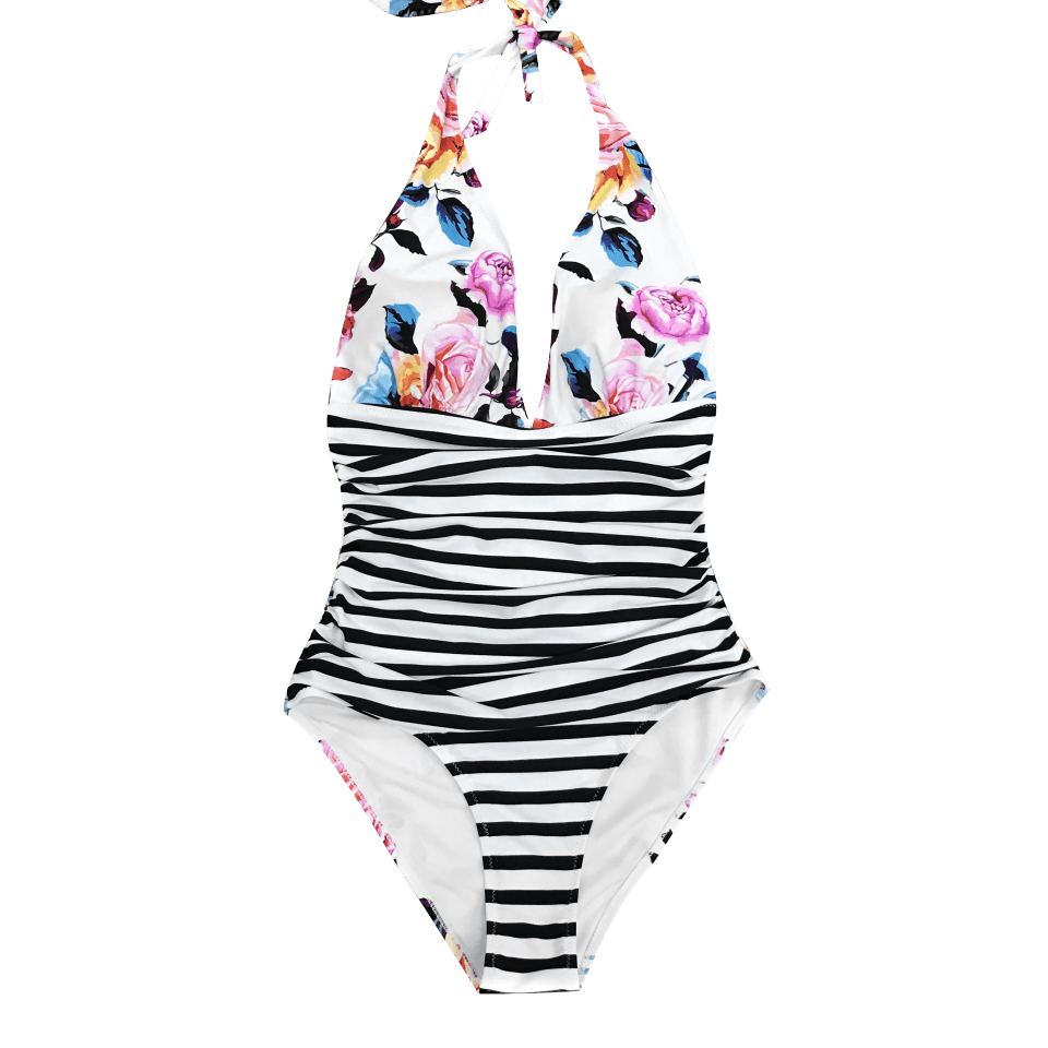 Navy Floral Deep V neck Halter One Piece Swimsuit Sexy Backless Lace Up Women Swimwear Monokini Beach Bathing Suits Swimwear