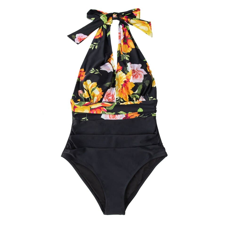 Navy Floral Deep V neck Halter One Piece Swimsuit Sexy Backless Lace Up Women Swimwear Monokini Beach Bathing Suits Swimwear