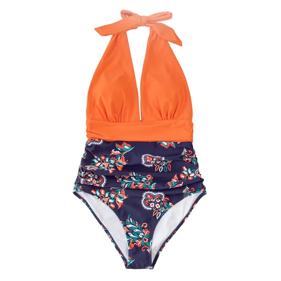 Navy Floral Deep V neck Halter One Piece Swimsuit Sexy Backless Lace Up Women Swimwear Monokini Beach Bathing Suits Swimwear