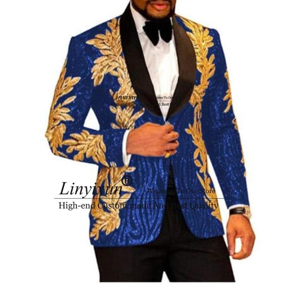 Men Slim Fit Gold Applique Dress Suits terno masculino Shiny Sequins Men Prom Tuxedos Grooms Set 2 Pieces(Blazer+Pants) Costume Homme
