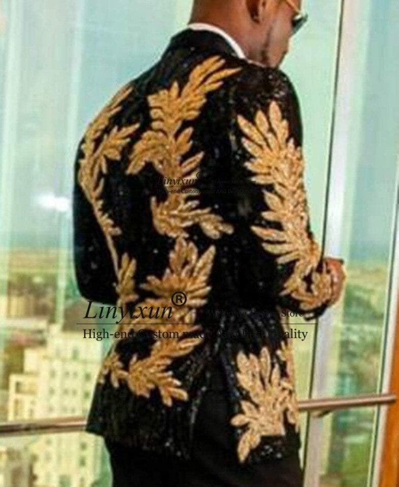 Men Slim Fit Gold Applique Dress Suits terno masculino Shiny Sequins Men Prom Tuxedos Grooms Set 2 Pieces(Blazer+Pants) Costume Homme