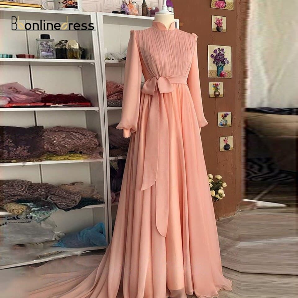 New Women Pink Moroccan Evening Dress Caftan Chiffon Formal Gown Women Evening Dress Blush Elegant Evening Gown Muslim Evening Dresseso