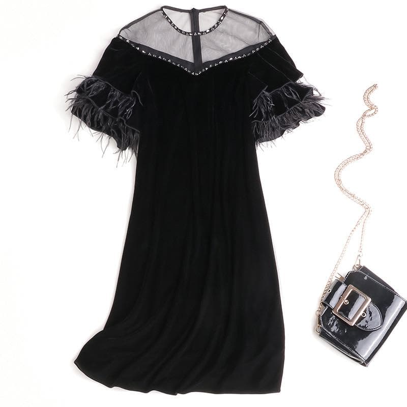 New Women Autumn Beaded Mesh Dress Round Neck Velvet Dress Ostrich Feather Lotus Leaf Sleeve Dresses