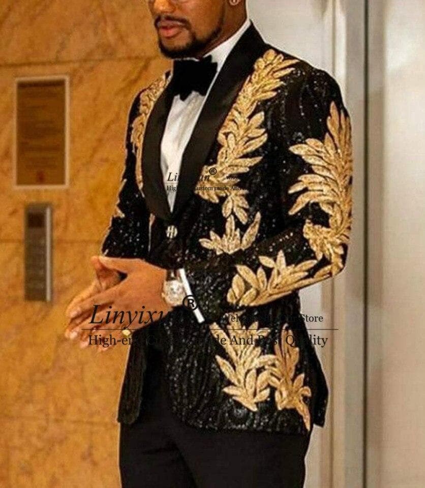Men Slim Fit Gold Applique Dress Suits terno masculino Shiny Sequins Men Prom Tuxedos Grooms Set 2 Pieces(Blazer+Pants) Costume Homme