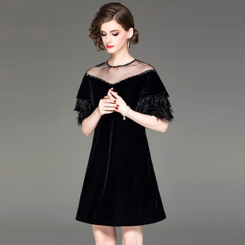 New Women Autumn Beaded Mesh Dress Round Neck Velvet Dress Ostrich Feather Lotus Leaf Sleeve Dresses