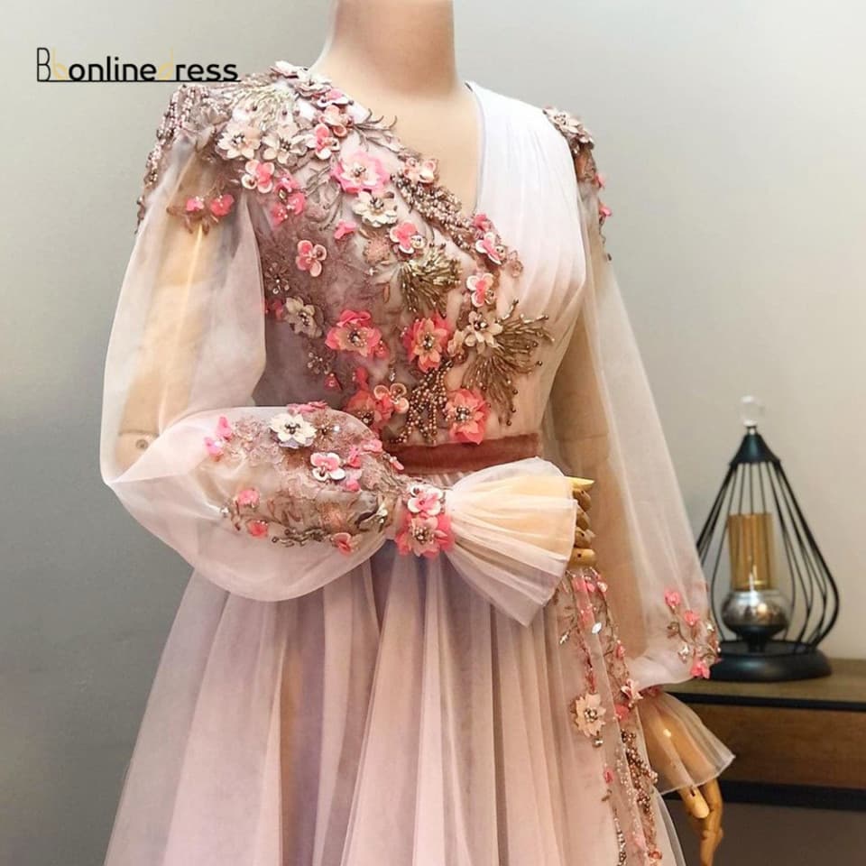 New Women 3D Flowers Pink Dresses Appliques Long A Line Prom Moroccan Evening Dress Flounce Sleeve Arabic Muslim Party Dress