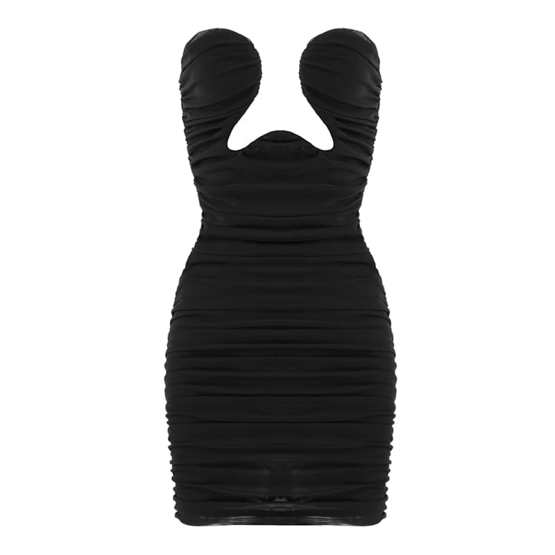 New Women Trendy Draped Sexy Dress Strapless Sleeveless Celebrity Party Club Mesh Black Mini Dress Vestido