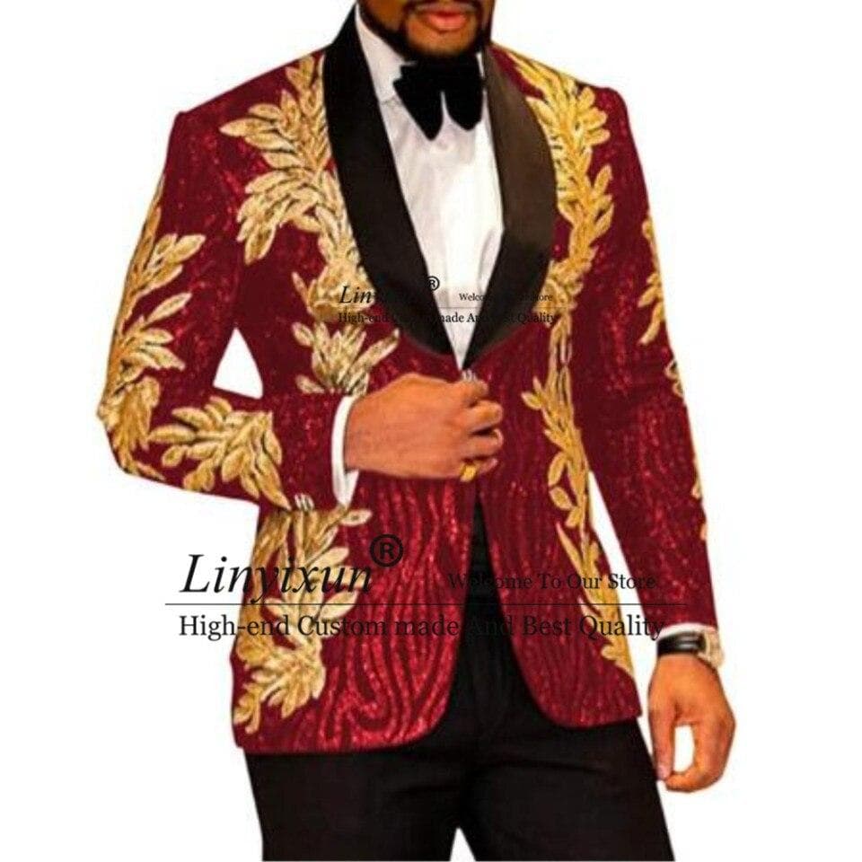 Men Slim Fit Gold Applique Dress Suits terno masculino Shiny Sequins Men Prom Tuxedos Grooms Set 2 Pieces(Blazer+Pants) Costume Homme