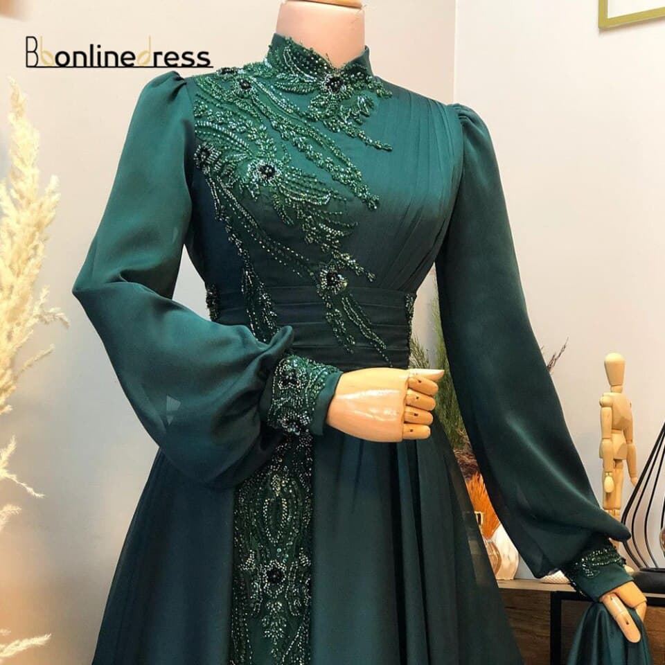 New Women Emerald Moroccan Caftan Dress Prom Beaded Formal Gown Arabic Dubai Women Evening Dress robe de soiree Muslim Evening Dresses