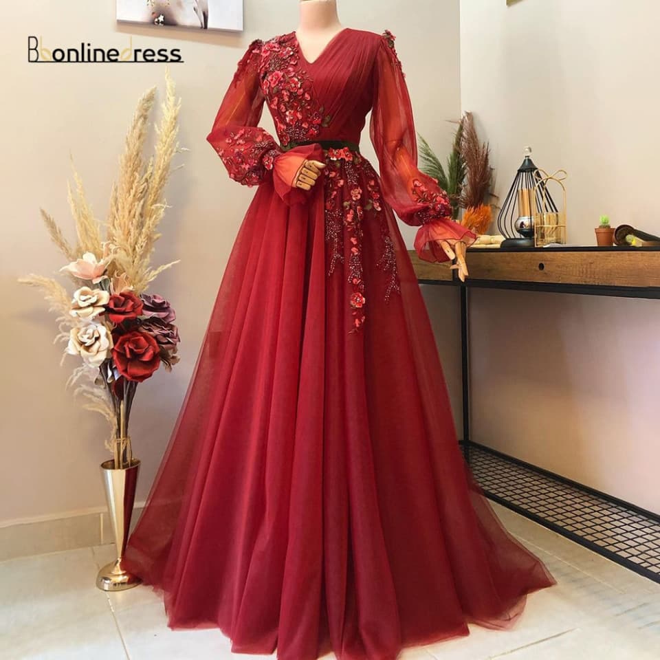 New Women 3D Flowers Pink Dresses Appliques Long A Line Prom Moroccan Evening Dress Flounce Sleeve Arabic Muslim Party Dress
