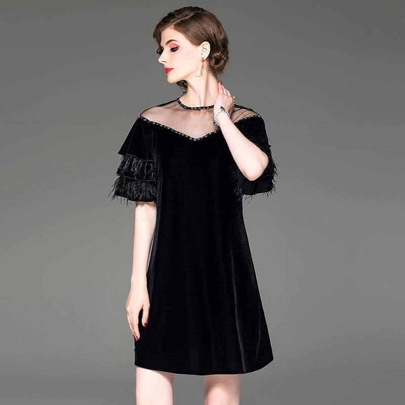 New Women Autumn Beaded Mesh Dress Round Neck Velvet Dress Ostrich Feather Lotus Leaf Sleeve Dresses