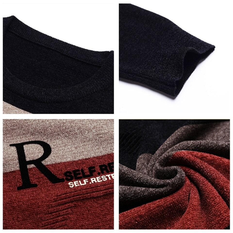 Men Autumn Winter Soft Warm Sweater Chenille Streetwear Fashion Striped Jersey Knitted O Neck Wool Pullover