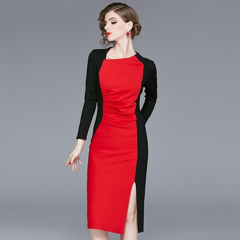 New Women Spring High End Retro Dresses Improved Cheongsam Colour Contrast Celebrity Hip Long Sleeve Dress