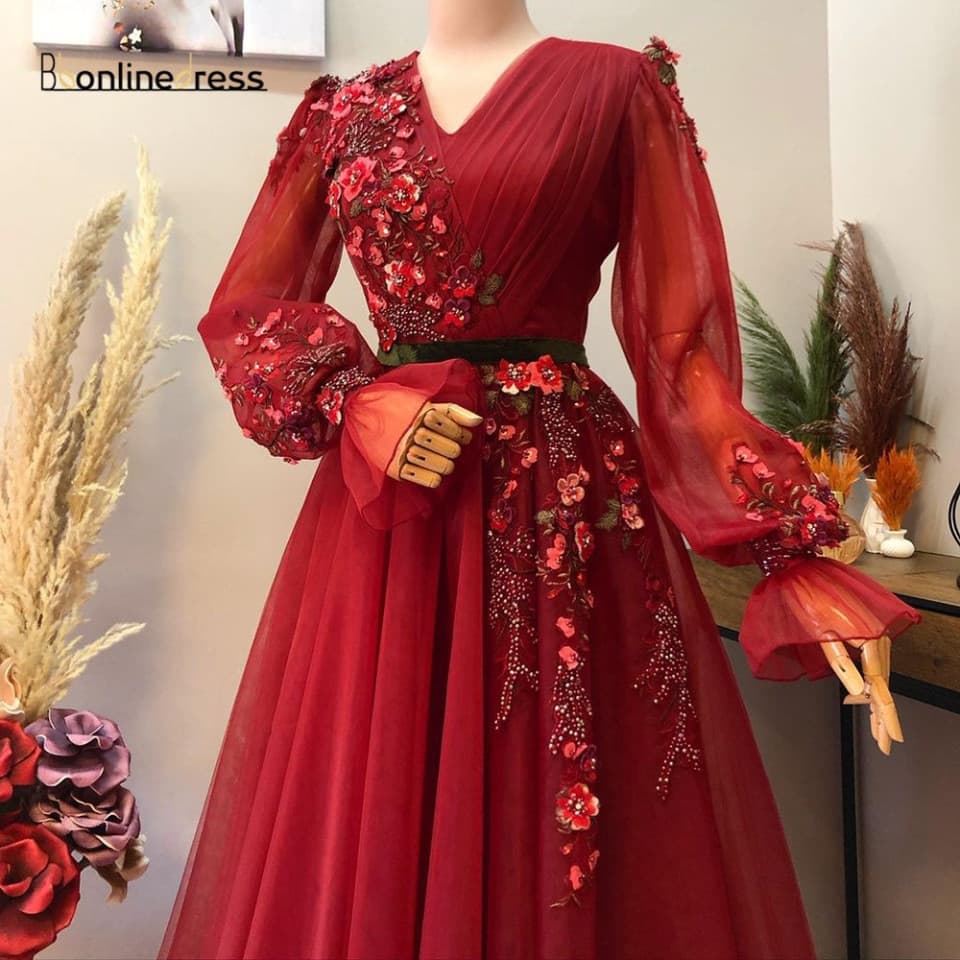 New Women 3D Flowers Pink Dresses Appliques Long A Line Prom Moroccan Evening Dress Flounce Sleeve Arabic Muslim Party Dress
