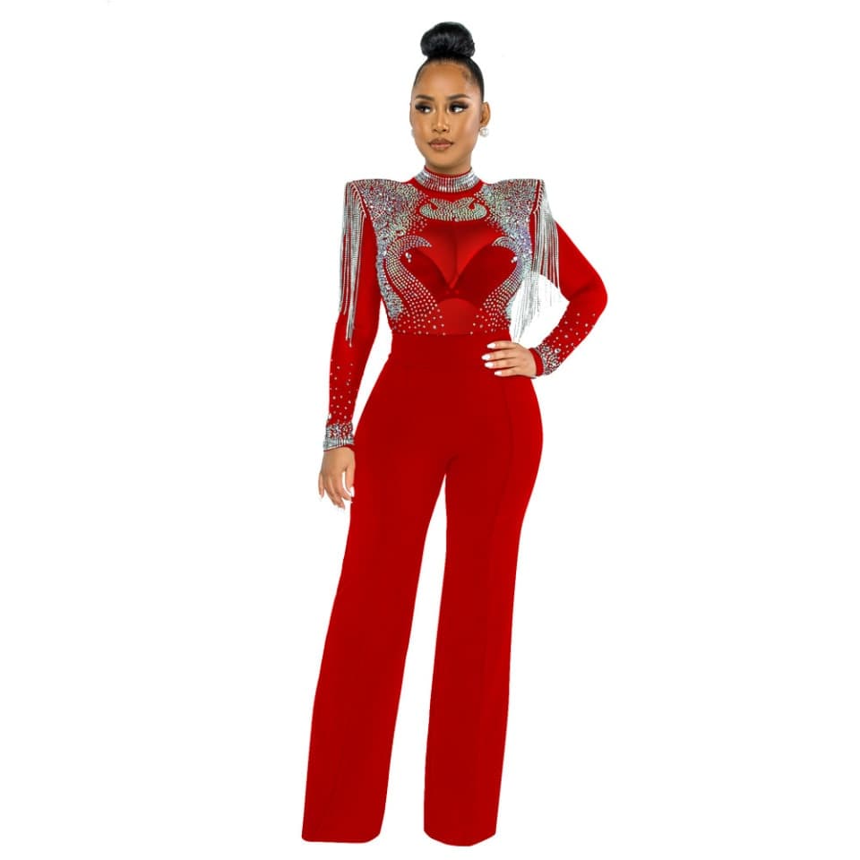 New Women Jumpsuit Solid High Collar Dress Hot Drill Mesh Shoulder Cotton Long Sleeves Long Straight Jumpsuit Sexy Party Outfits