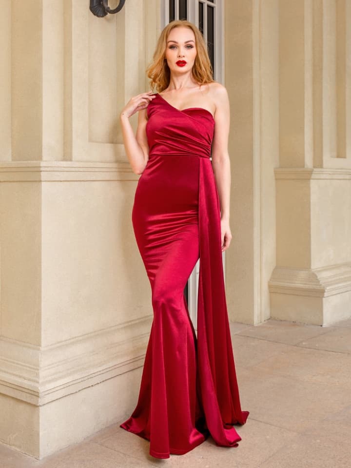New Women One Shoulder Padded Sexy Dress Satin Maxi Women Evening Party Dress Gown with Ribbon Royal Blue Green Draped Long Dress