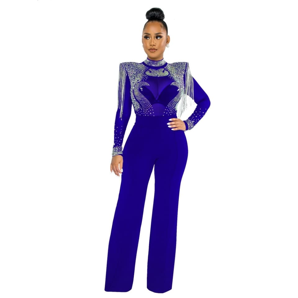 New Women Jumpsuit Solid High Collar Dress Hot Drill Mesh Shoulder Cotton Long Sleeves Long Straight Jumpsuit Sexy Party Outfits