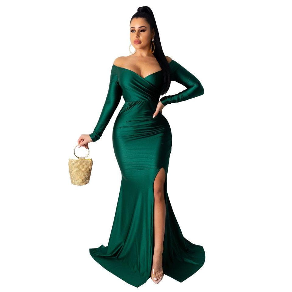 New Women Autumn Winter Off Shoulder Dress Plunging V Neck High Side Split Mermaid Maxi Dress Sexy Night Party Club Long Dresses