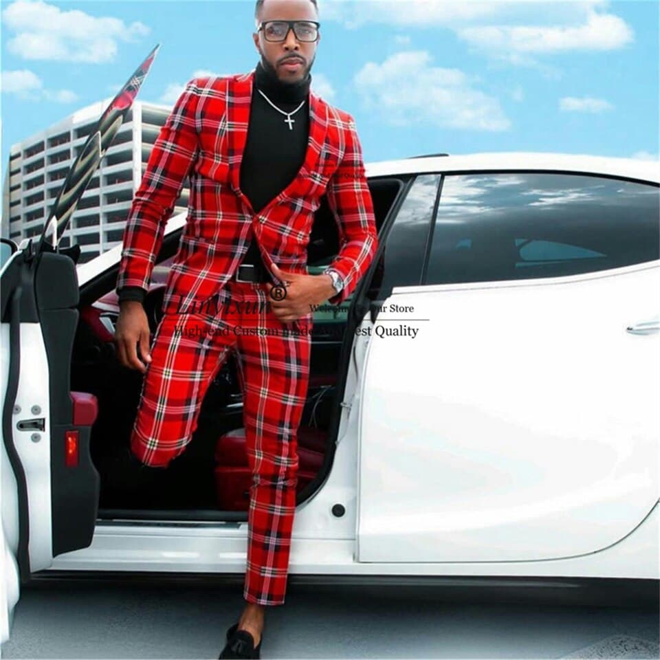 New Fashion Men Plaid Red Suit Slim Fit Notached Lapel 2 Pieces Groom Wedding Tuxedo Best Man Blazer Prom Party Costume Homme