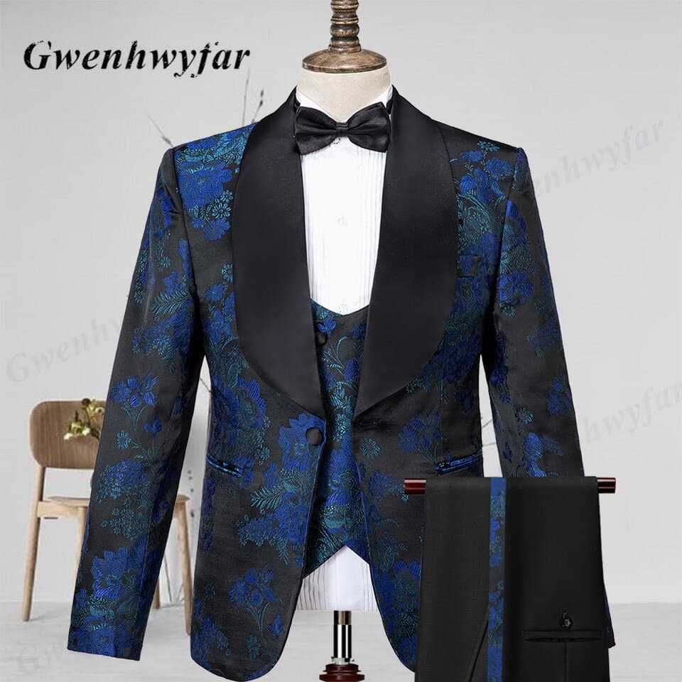 New Luxury Men Wedding Suits Orchid Pattern Gentlemen Tuxedo Peaked Lapel Jacket Double Breasted Vest Slim Pant