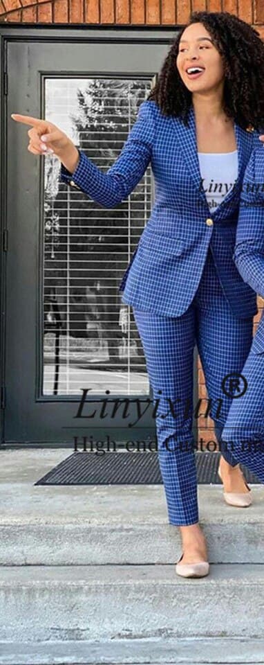 New Men Blue Plaid Slim Fit Suit Women Shawl Lapel Groom Wedding Tuxedos 2 Pieces Jacket Pants Sets Fashion Tailleur Femme