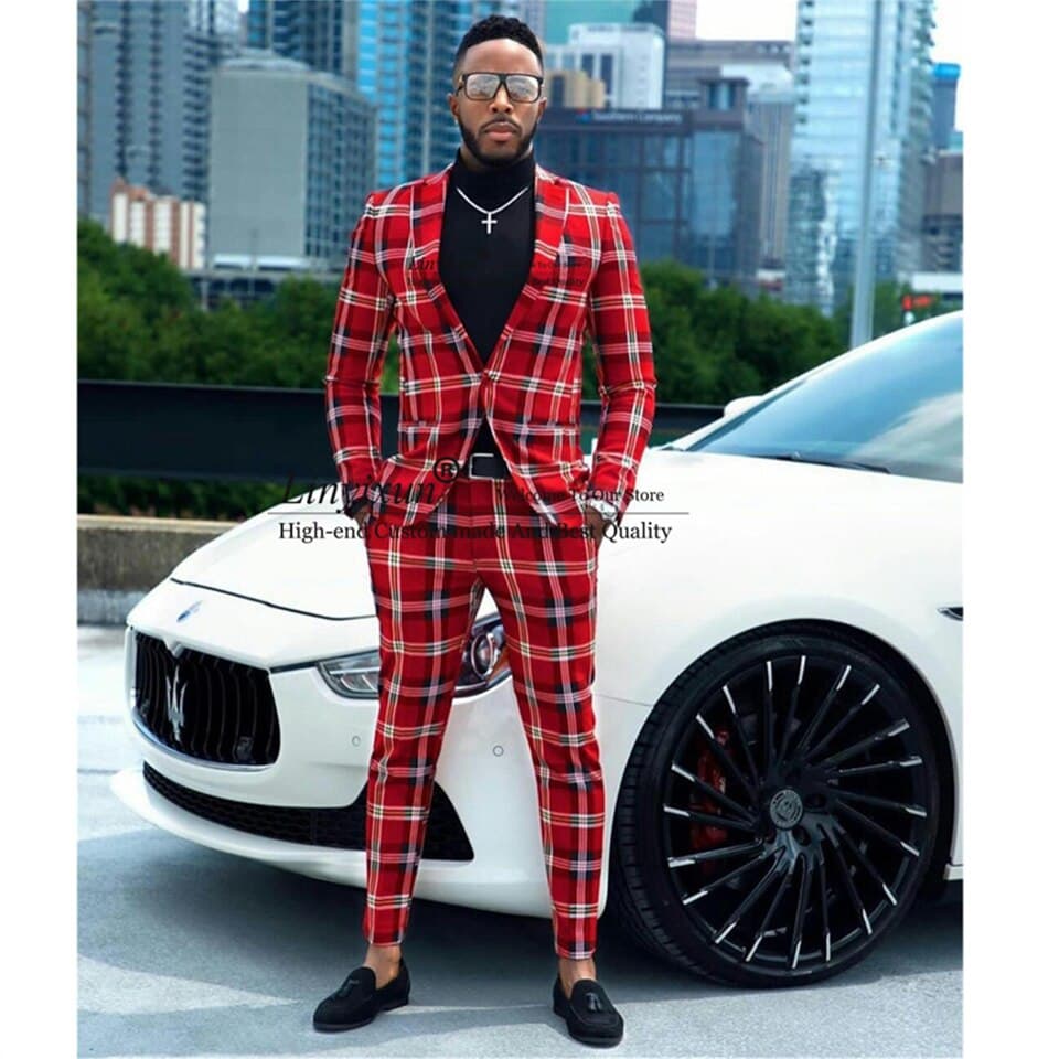 Men Plaid Red Suit