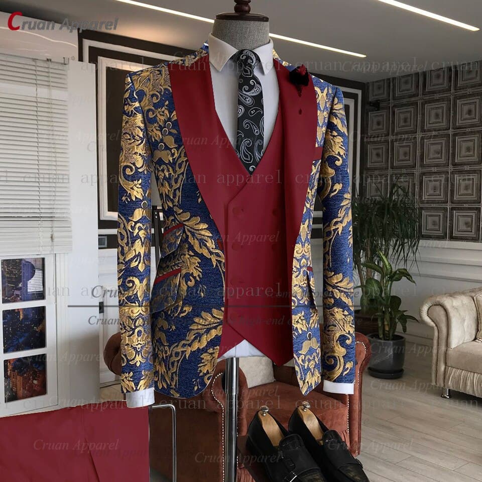 New Men Gold Floral Printed Suit 3pcs Tailor made Luxury Wedding Groomsman Groom Suit Party Dinner Blazer Vest Pants Tuxedo