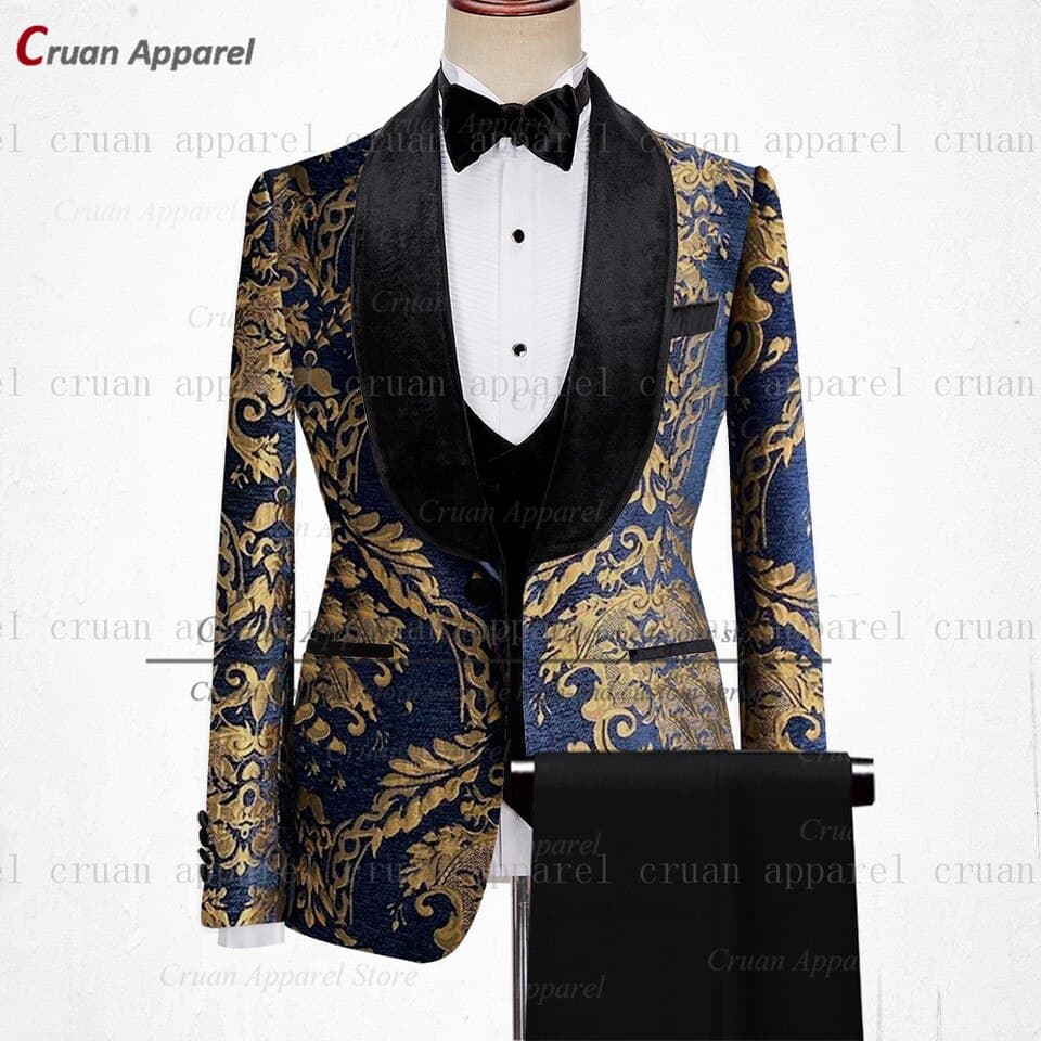 New Men Gold Floral Printed Suit 3pcs Tailor made Luxury Wedding Groomsman Groom Suit Party Dinner Blazer Vest Pants Tuxedo