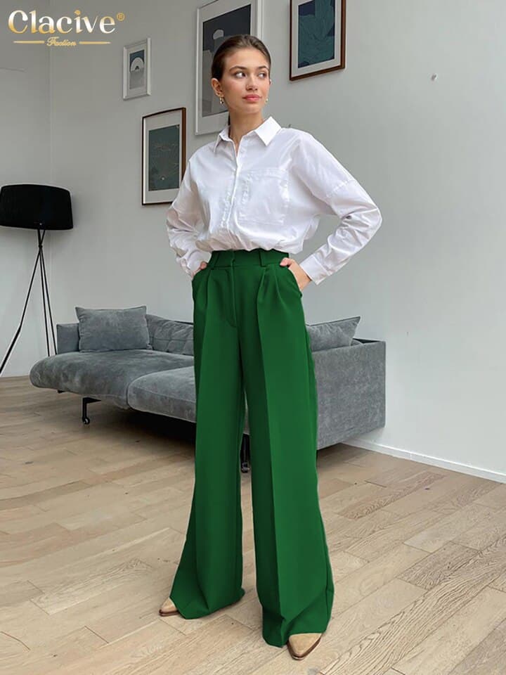 New Women Office Pants Fashion Loose Full Length Ladies Trousers Blue Casual High Waist Wide Pants For Women