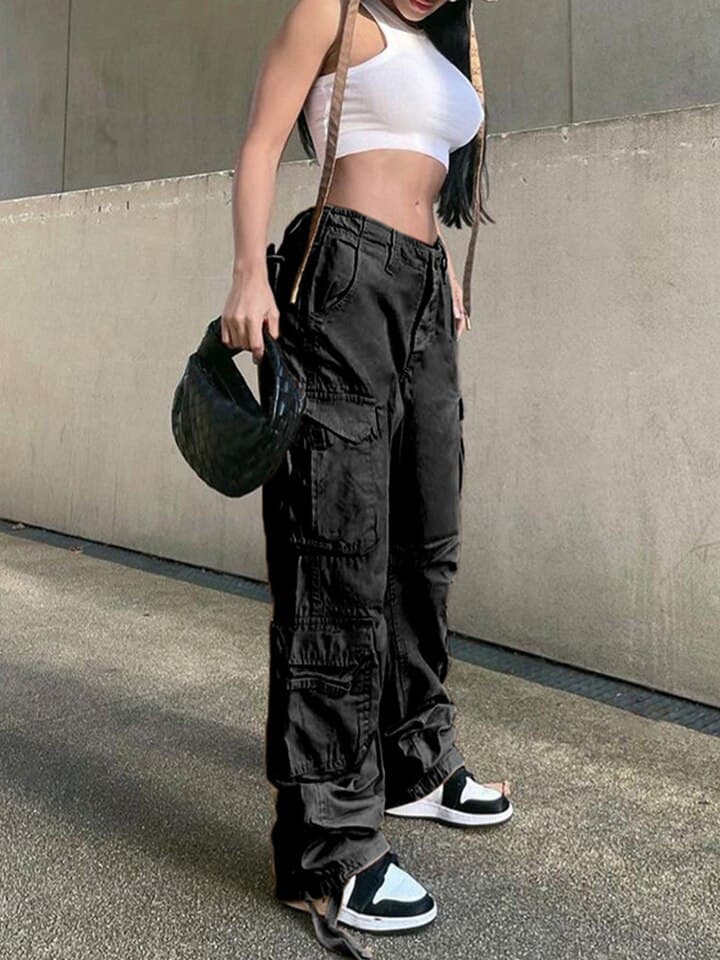 New Women Vintage Cargo Pants Baggy Jeans Women Fashion 90s Streetwear Pockets Wide Leg High Waist Straight Y2k Denim Trousers Overalls