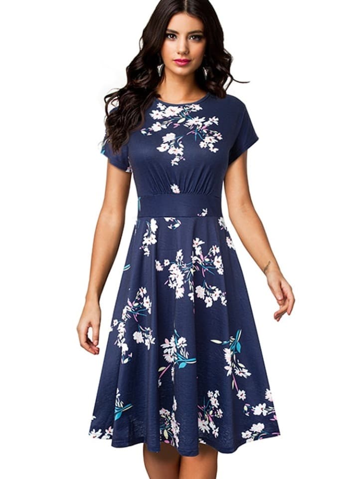 New Vintage Elegant Floral Print Pleated Round neck vestidos A-Line Pinup Business Party Women Flare Swing Dress A102
